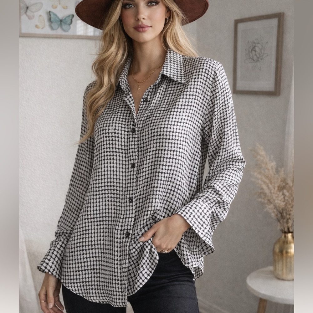 CW Silk Blouse Black White Houndstooth Button Up Size 10